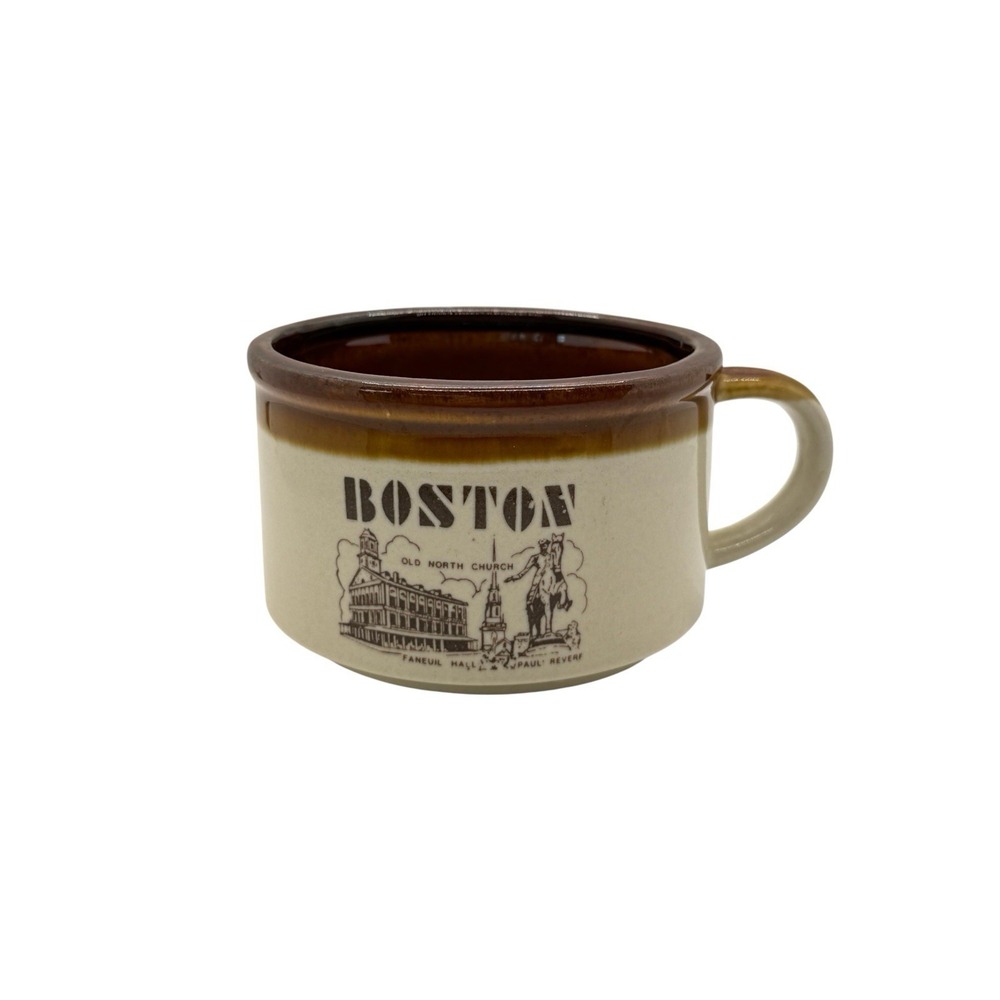 VTG Boston Scene Chowder Mug Brown‎ Drip Glaze Stoneware Soup Coffee Tea Cup USA